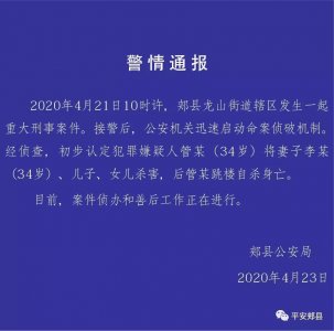​河南郏县一男子杀害妻子、儿女后跳楼自杀